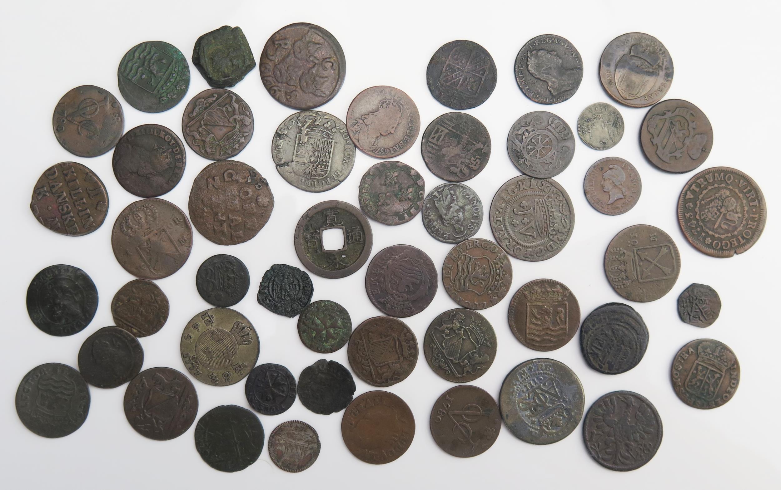 Sheet of mainly 18th century European copper coins including Portugal, Netherlands, France etc.
