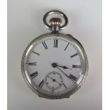 A Ladies Silver Cased Open Dial Keyless Fob Watch, the 38.5mm case with chased foliate decoration,