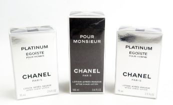 Two Chanel Platinum Egoiste 75ml bottles and after shave lotion 100ml