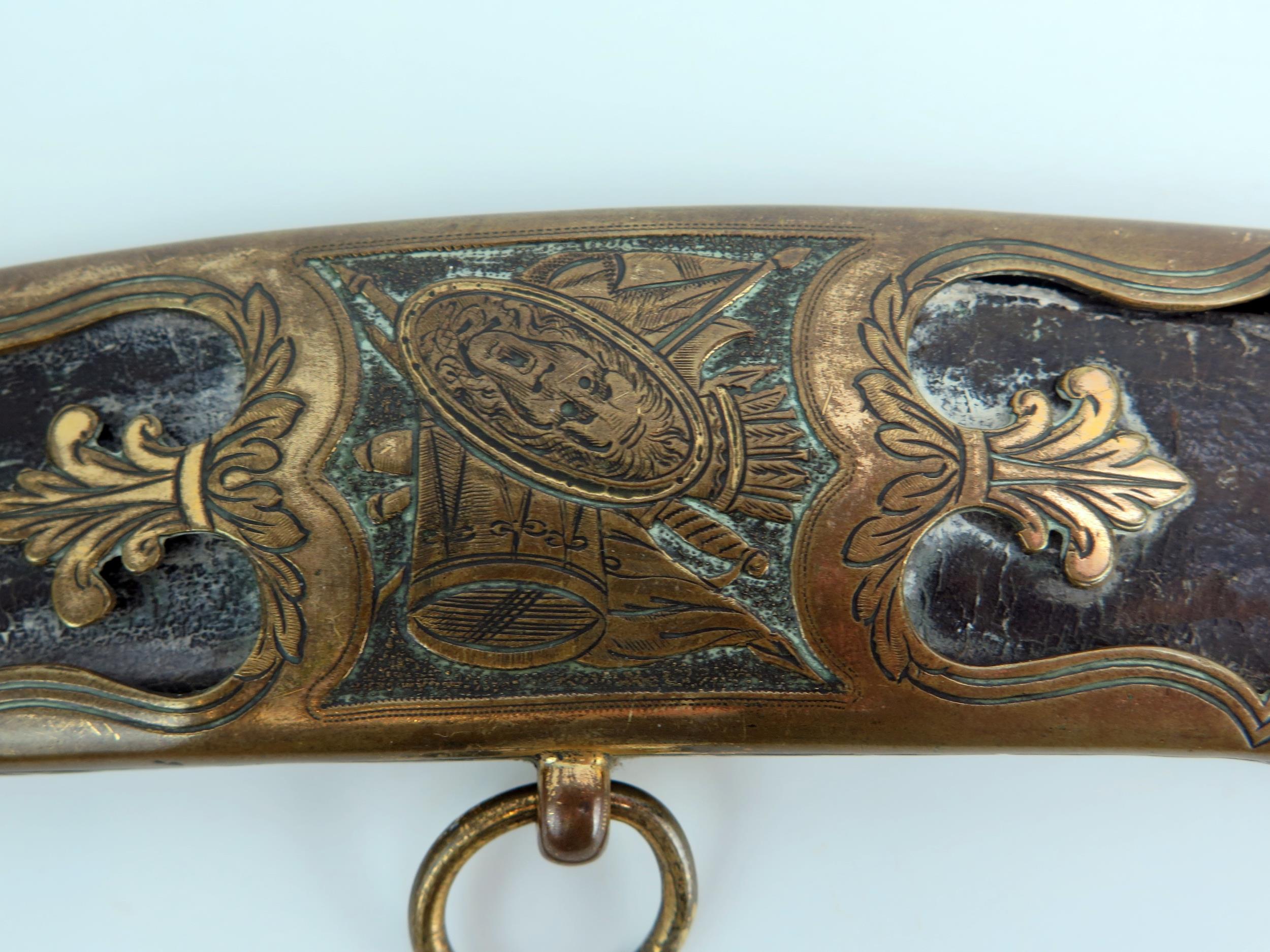 An early 19th century continental cutlass, with 44cm curved and etched blade, with gilt brass - Image 5 of 15