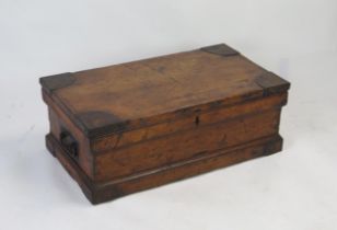 A stained hardwood and metal bound possible ammunition box, of rectangular outline, with loop