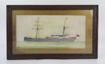 W Kerswell, twin-masted merchant steam ship, watercolour and gouache, signed bottom left, F & G,