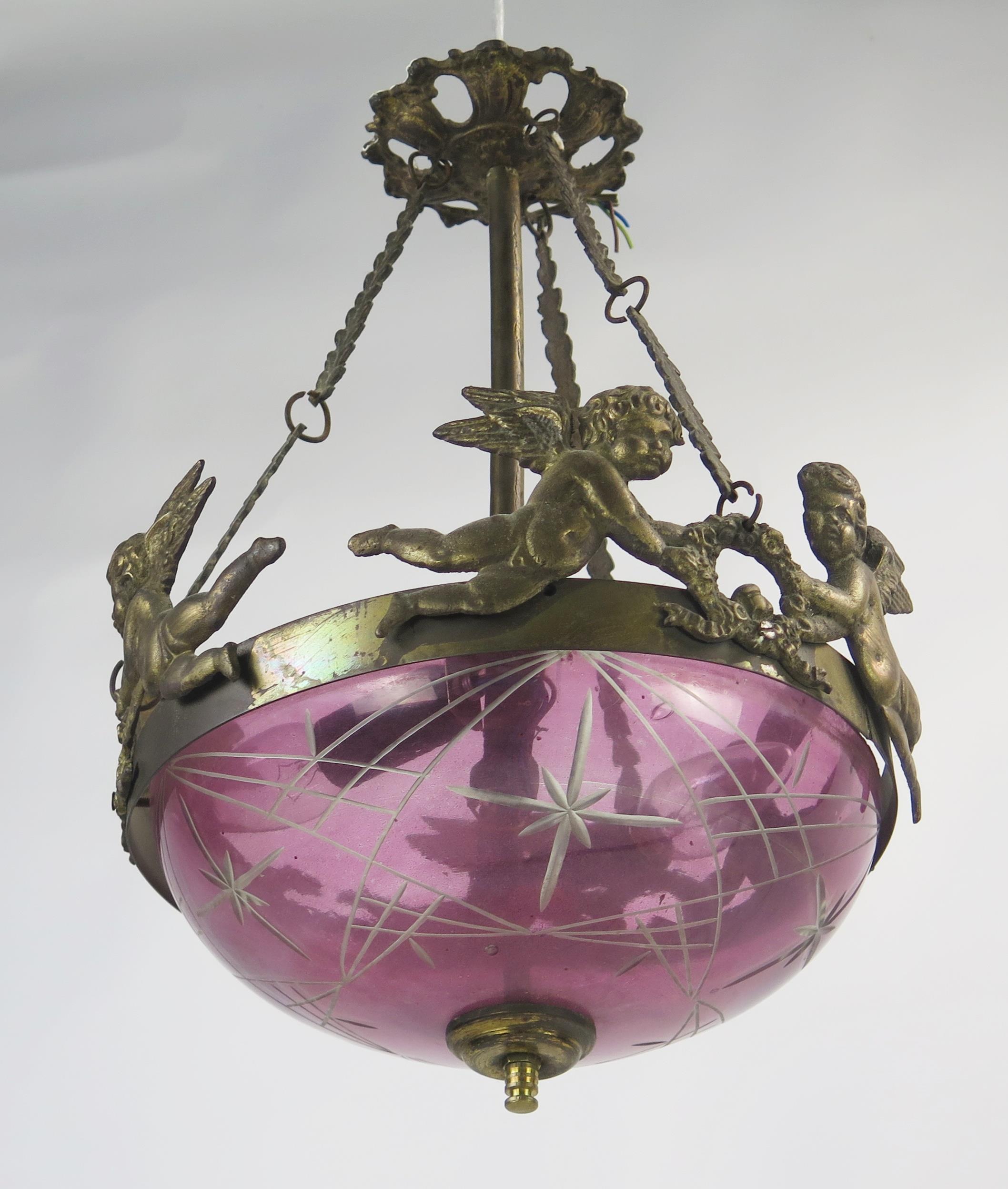 A Victorian purple glass and gilt metal mounted ceiling fitting, with pierced ceiling roe and - Image 6 of 6