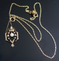 An Antique 9ct Gold and Pearl or Cultured Pearl Pendant, c. 52mm drop including suspension loop, 19"