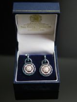 A Pair of Modern 14ct Gold, Blue and White Diamond Target Earrings, 23.4mm drop, hallmarked, 5.51g