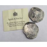 Lucayan Beach wreck coins with Spink certificate, 8 Reales, weight approximately 26.2 + 26.3