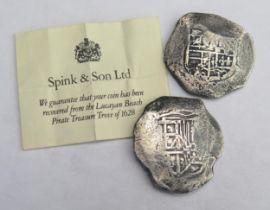 Lucayan Beach wreck coins with Spink certificate, 8 Reales, weight approximately 26.2 + 26.3