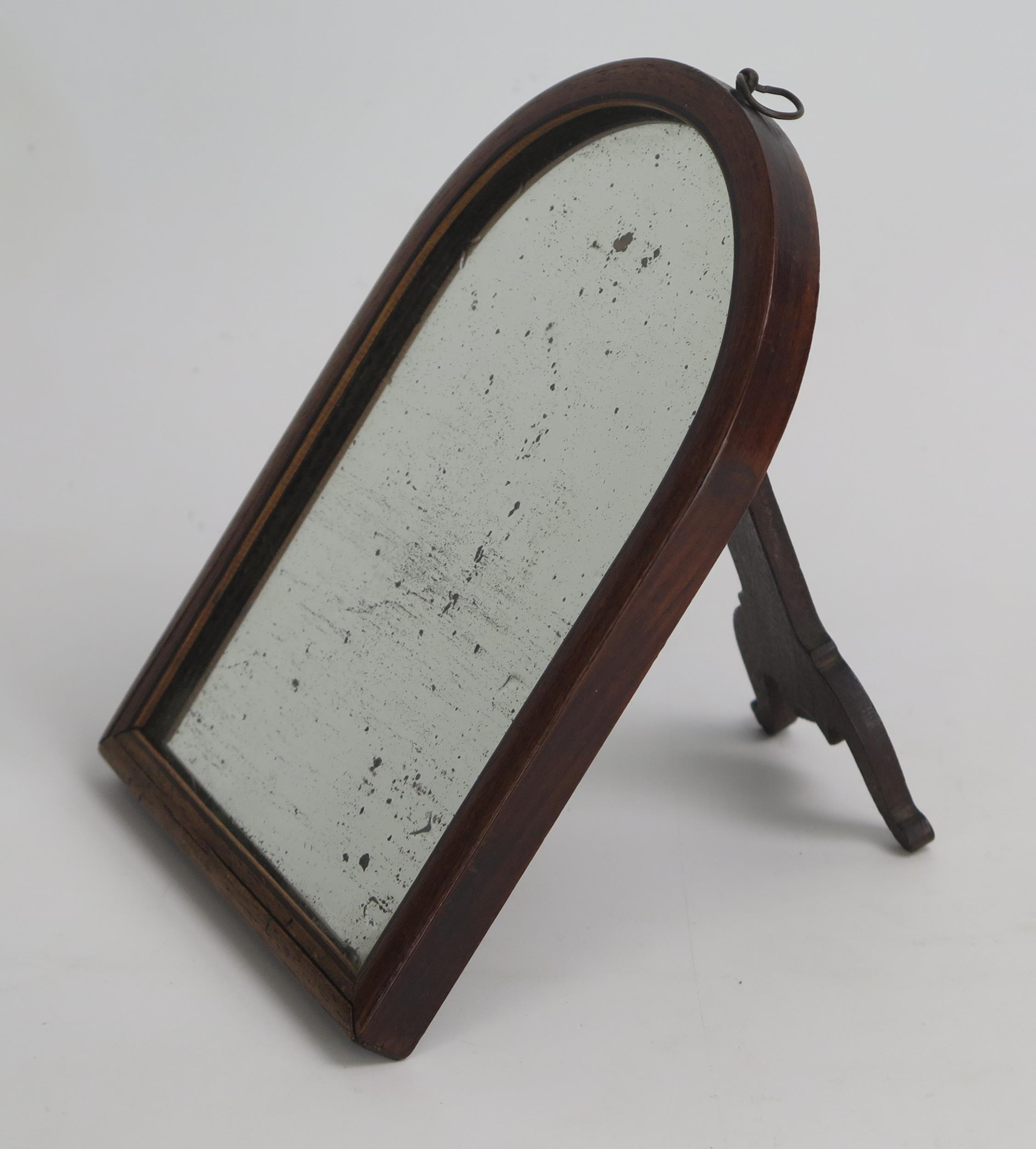 A Small 19th Century Mahogany Arch Top Strut Mirror with suspension loop, 17.5x12.5cm - Image 2 of 3