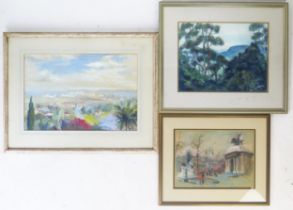Continental Coastal Town Landscape, gouache, 50.5x34cm, framed & glazed, a landscape pastel signed