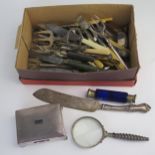 A collection of bone handled pickle forks, plated thimbles, cigarette box, etc