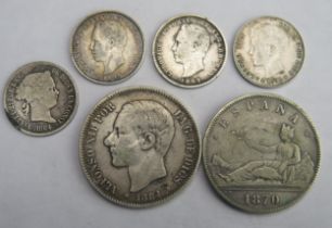 Spain / Portugal 1870 (replica) and 1884 Spanish 5 pesetas with 1864 40 cent, 1896 Peseta, 1886