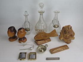 Three Glass Decanters, silver plate and treen