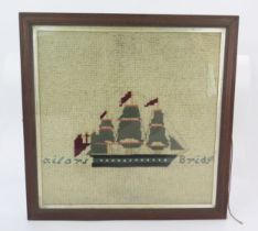 A sailors wool work picture of "Sailors Bride" three-masted man-o-war, F & G 58 x 58cm