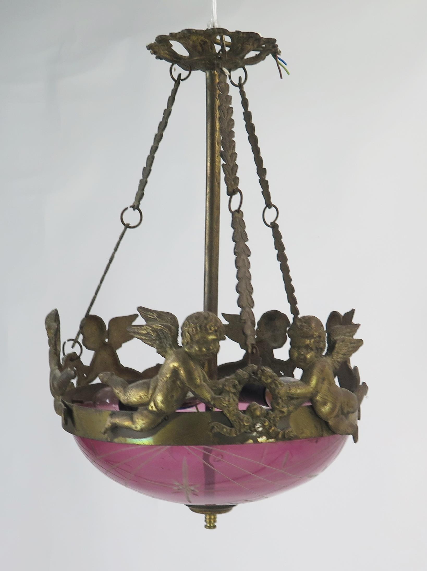 A Victorian purple glass and gilt metal mounted ceiling fitting, with pierced ceiling roe and - Image 2 of 6