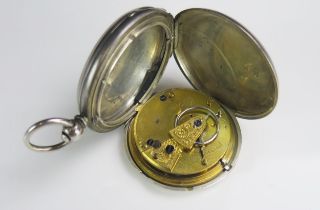 A Victorian Silver Cased Full Hunter Pocket Watch, 48.7mm case with enamel dial and Roman numerals