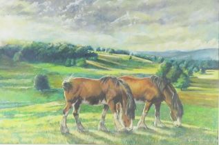 Graham Young? Shire Horses Grazing, gouache, 53x35cm, framed & glazed