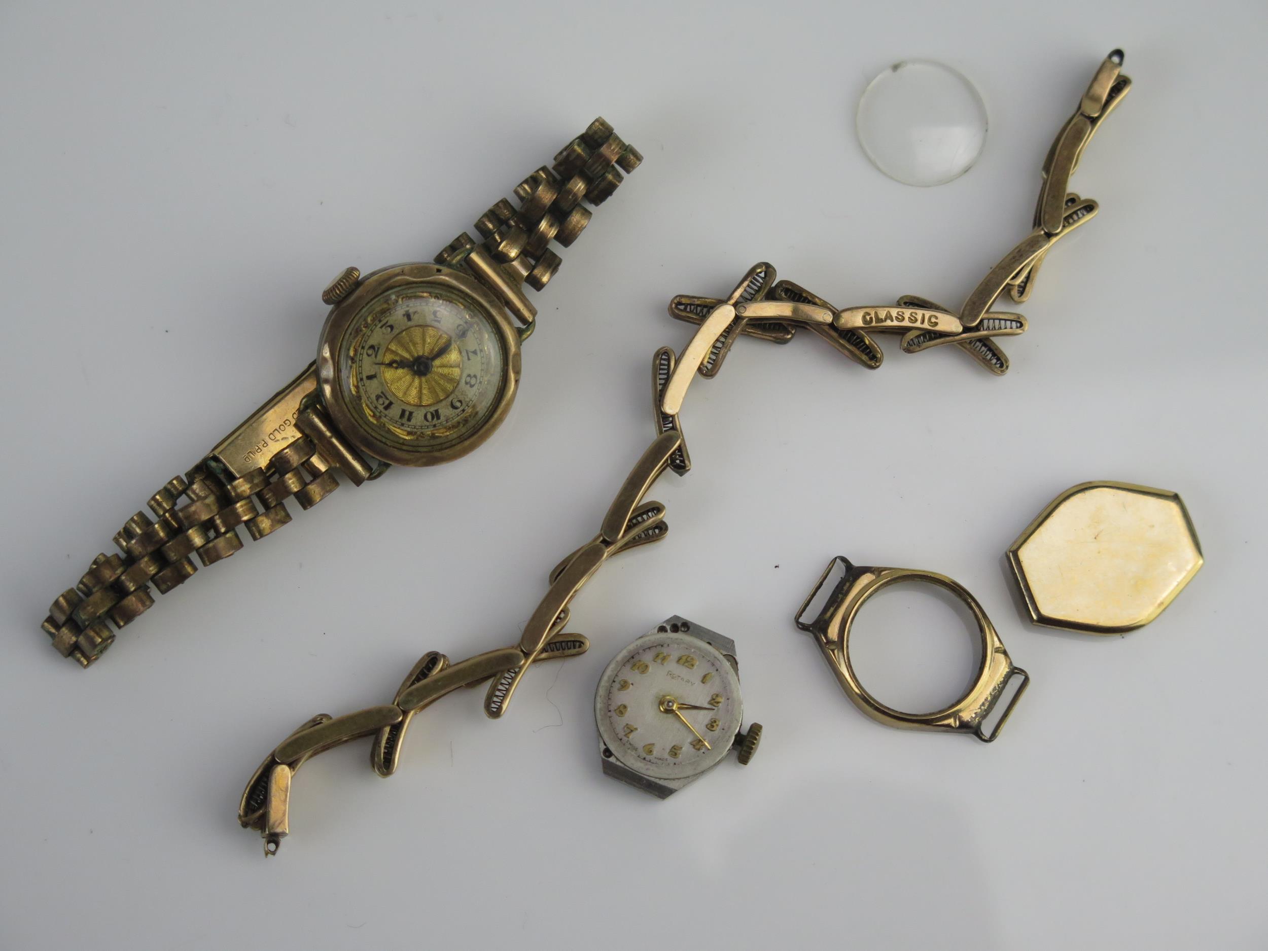 A 9ct Gold Watch Bracelet and 9ct gold Rotary watch (8.8g nett) and one other 9ct gold watch. A/F