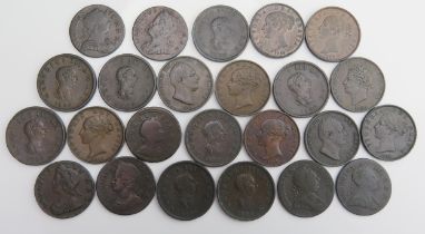23 copper halfpennies 1720 / 40 / 33 / 49 / 74 / 75 / 72, 6 x 1806, 2 x 1807, 1826 / 31 / 34 / 55