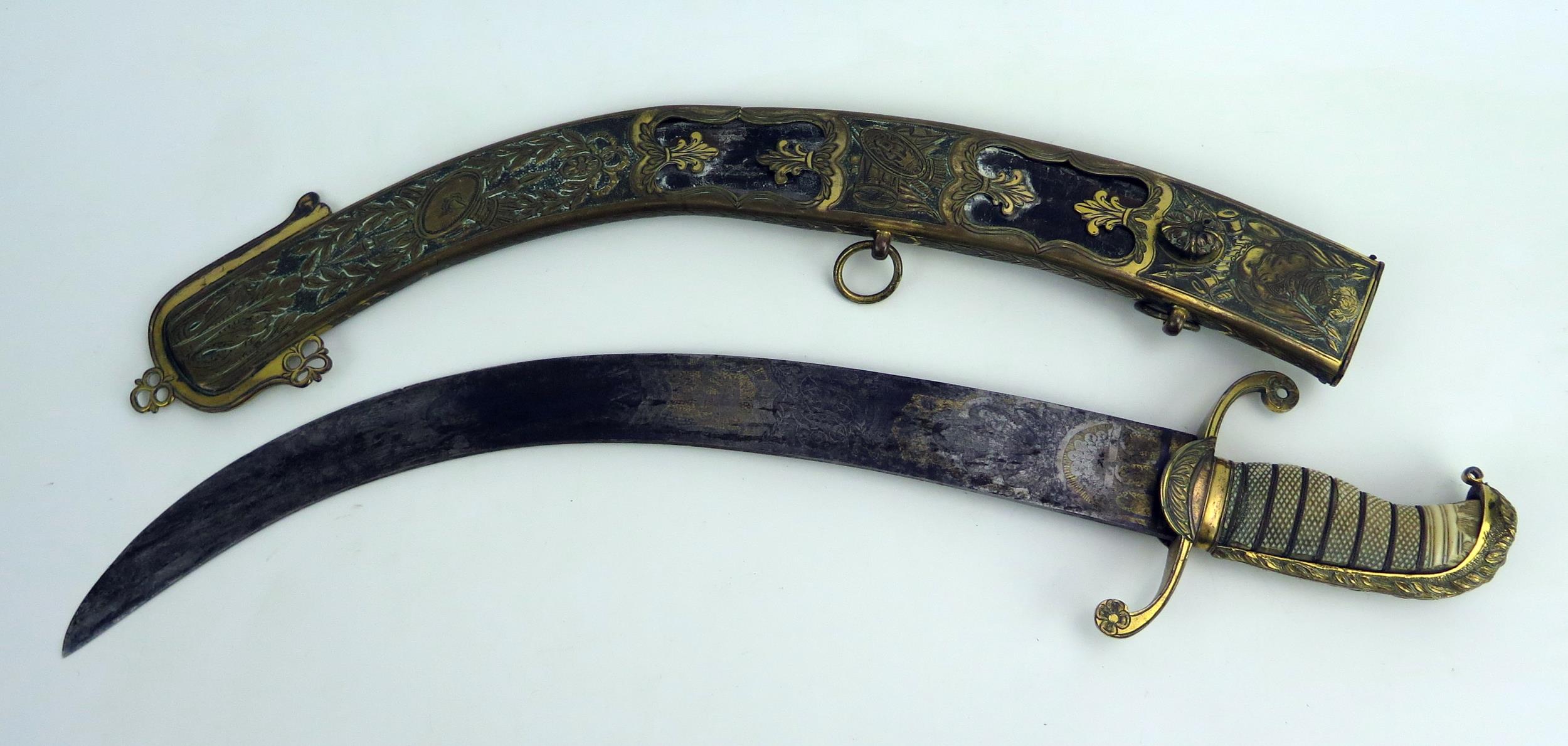 An early 19th century continental cutlass, with 44cm curved and etched blade, with gilt brass - Image 12 of 15