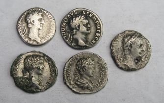 5 x Roman coins including Geta, Nerva, Antonius Pius, Domitian + 1