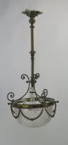 A 19th century gilt metal and glass hall lantern, with circular ceiling rose and knopped stem,