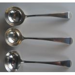 Three George III silver Old English pattern sauce ladles, various makers and dates, 148gms, 4.76ozs