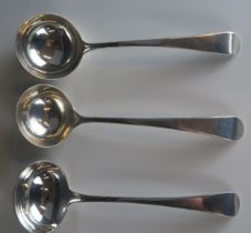 Three George III silver Old English pattern sauce ladles, various makers and dates, 148gms, 4.76ozs