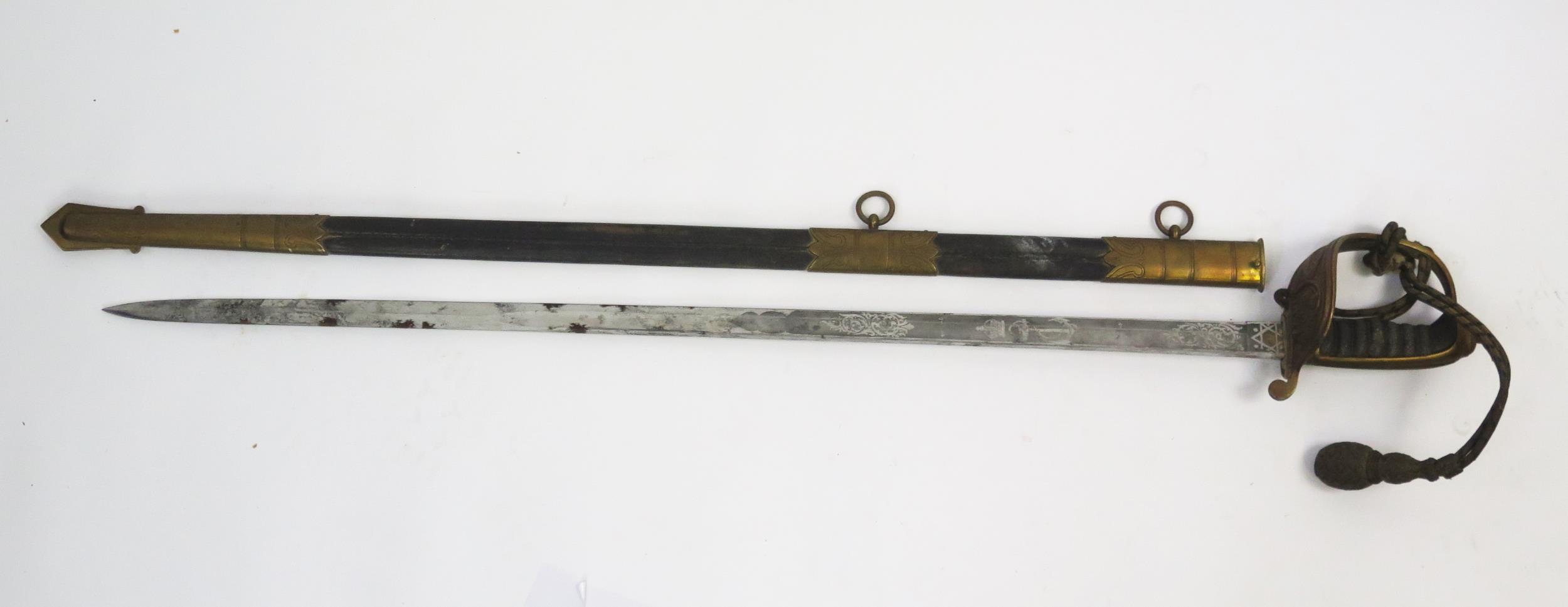 A George V naval officers sword, with 79cm etched and fullered blade, with Royal Cypher and fouled