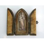 An Antique Silver Plated Icon in a decorative hinged two door box, 9cm tall