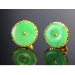 A Pair of Chinese Jadeite Stud Earrings in a precious yellow metal setting, 12.25mm head, KEE