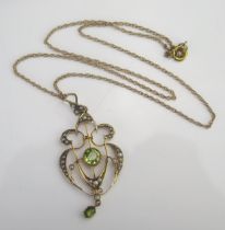 An Antique 9ct Gold, Peridot and Seed Pearl or Cultured Seed Pearl Pendant on chain, c. 50mm drop,