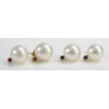 Two Pairs of 9ct Gold and Cultured Pearl Earrings, one pair set with sapphires and the other rubies,