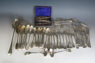 A quantity of plated flatwares, cased nut crackers, grape shears, serving spoon and butter knife.