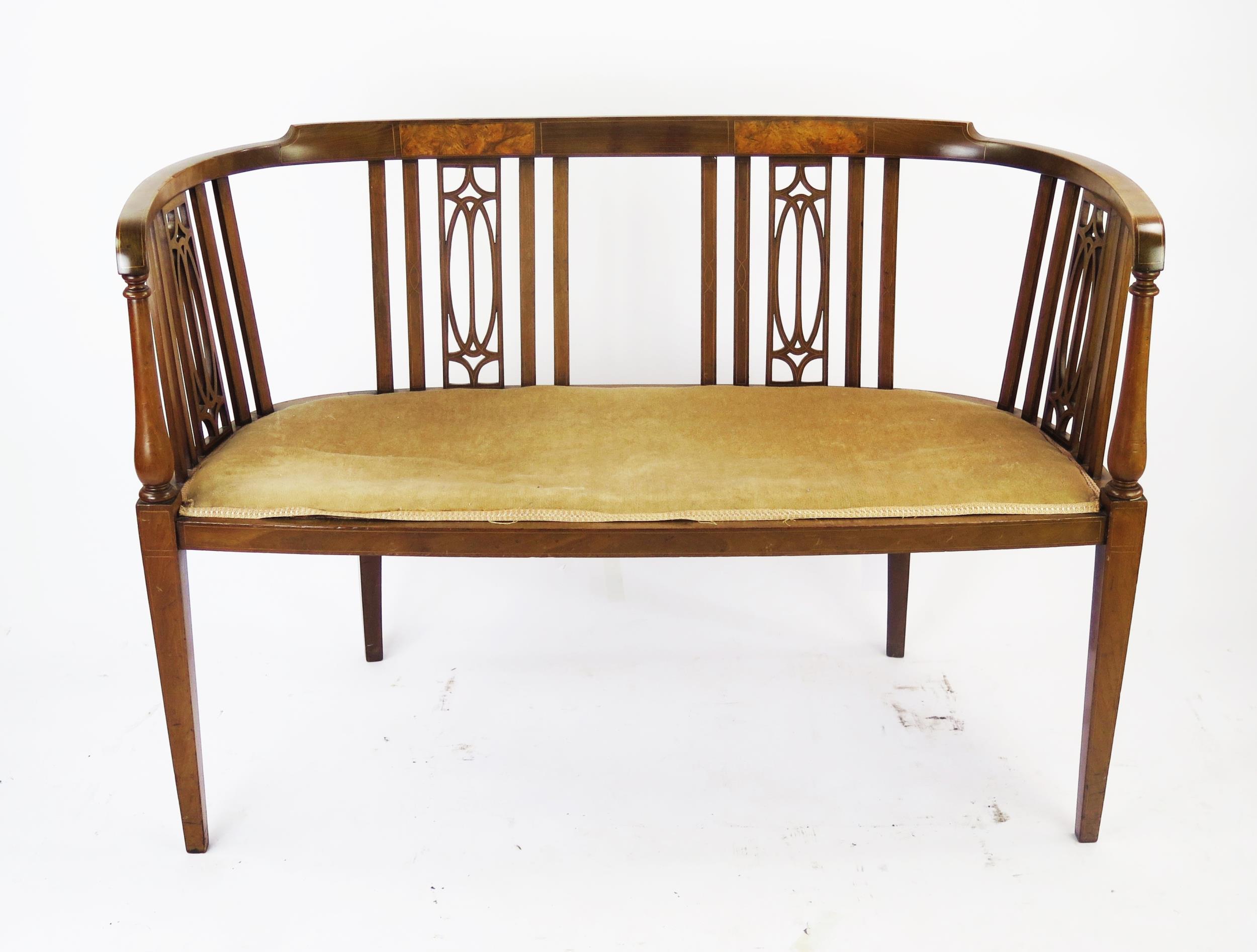 An Edwardian Mahogany and Boxwood Strung Settee, 108cm