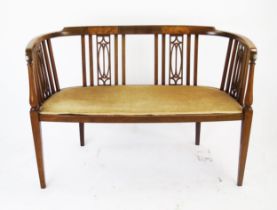 An Edwardian Mahogany and Boxwood Strung Settee, 108cm