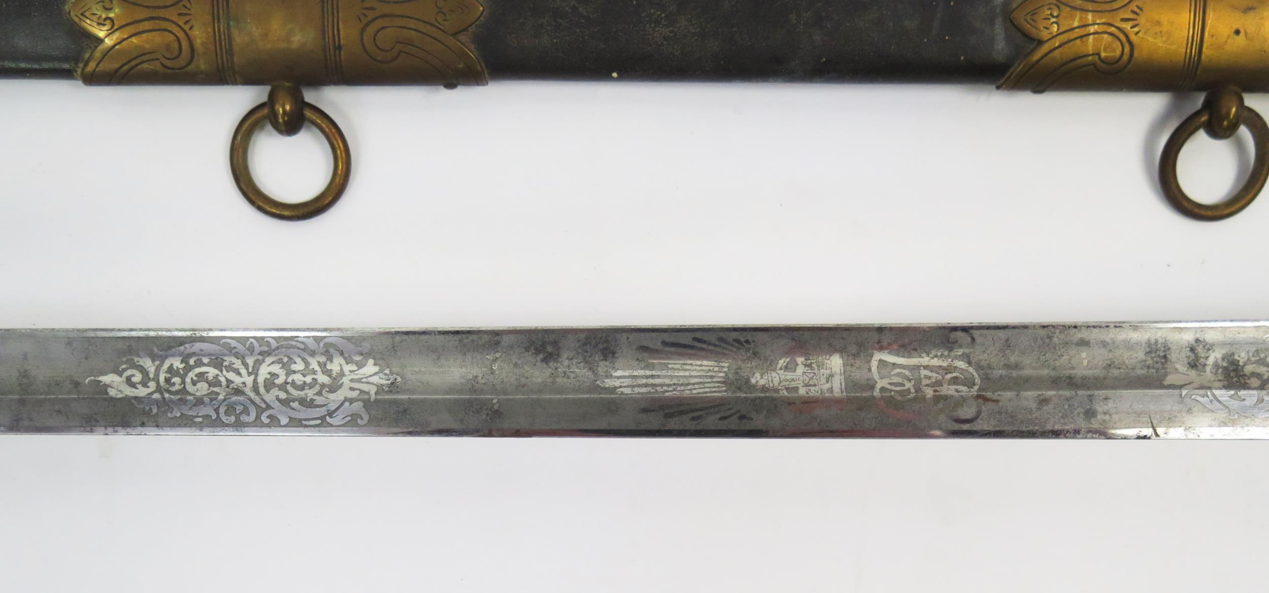 A George V naval officers sword, with 79cm etched and fullered blade, with Royal Cypher and fouled - Image 5 of 5