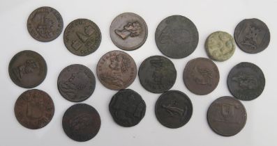 Sheet of Farthing size tokens etc. including Columbia, Sir Isaac Newton etc.
