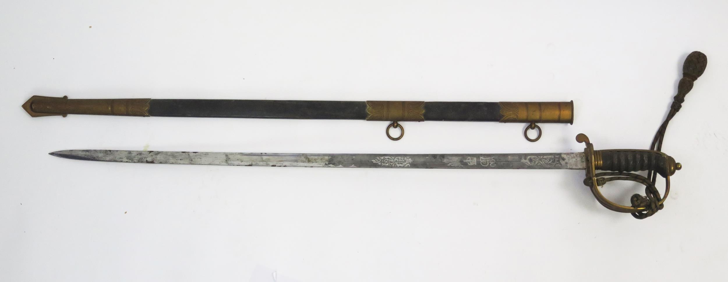 A George V naval officers sword, with 79cm etched and fullered blade, with Royal Cypher and fouled - Image 4 of 5