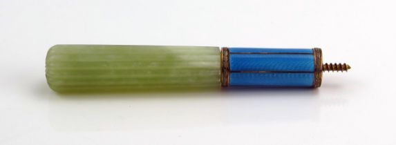 A Russian Silver Gilt and Guilloché Enamel Parasol Handle with a reeded jade handle, marked 72 and