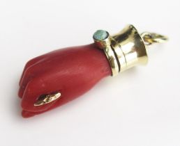 An Antique Coral Hand Pendant in a precious yellow metal setting, 30.6mm drop, 2.84g