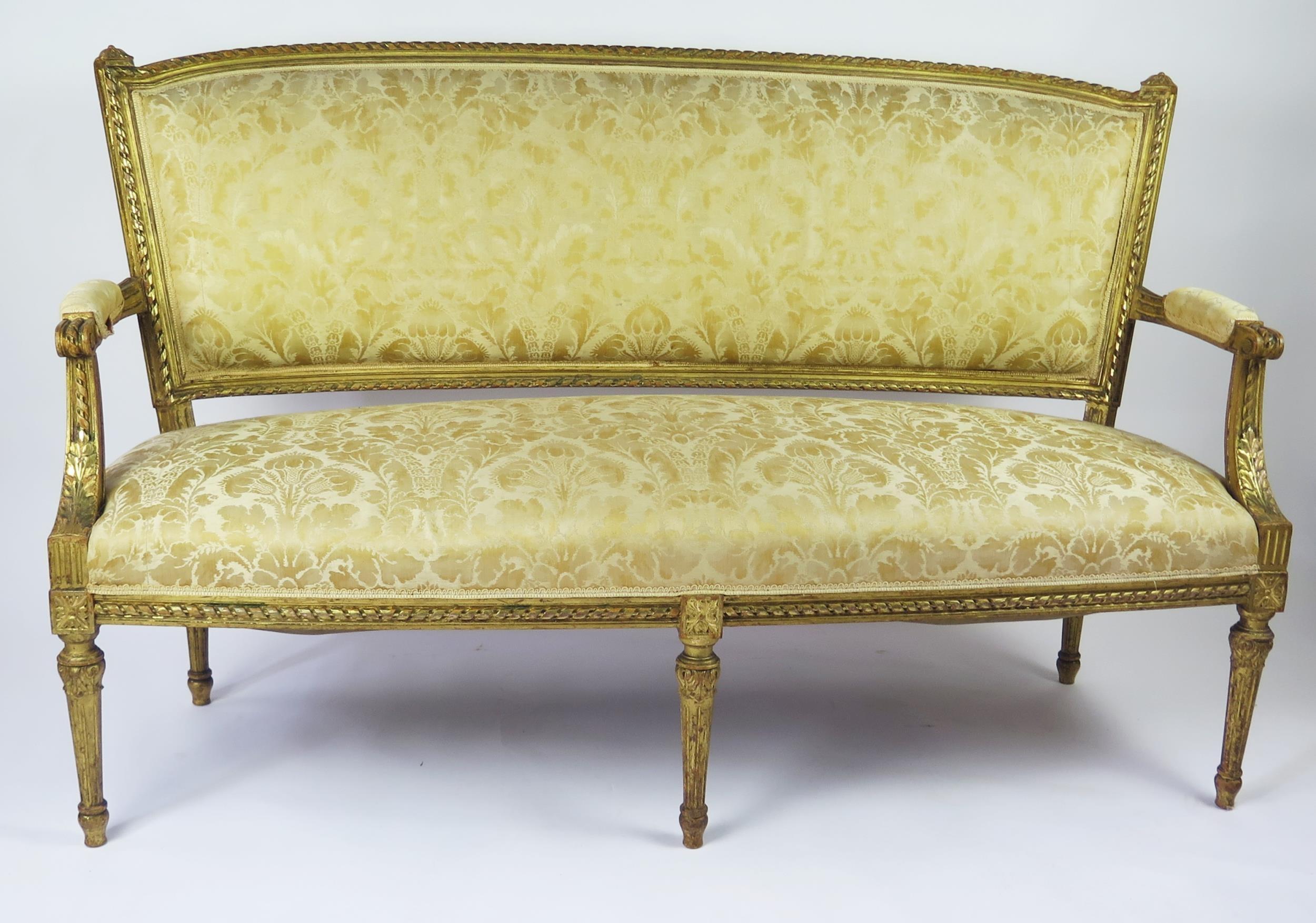 A Louis XVI style part salon suite includes canapé and two side chairs, the canapé with curved top - Image 2 of 3