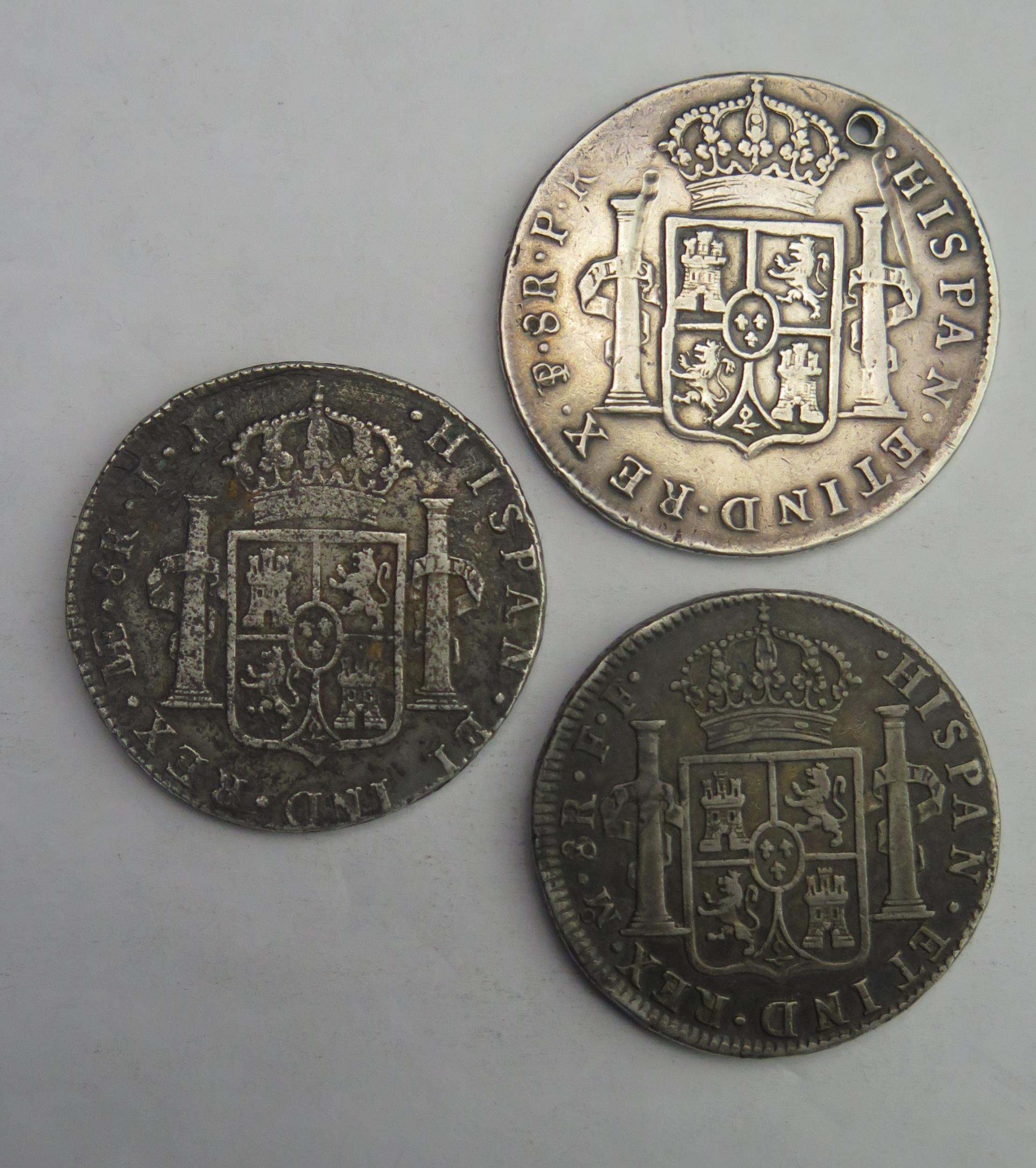 Spain - 8 Reales pieces 1797 / 1778 and 1789 (holed) - Image 2 of 2