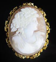 A 9ct Gold Shell Cameo Brooch decorated with a female bust in profile, 50.8x40.5mm, stamped 9CT,