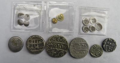 Indian silver and gold Fanams and Dutch East India silver trade coins with other Indian States coins