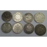 Franc 1834 / 42 / 69 / 75 5 Franc coins with 2 x Maria Theresa Thalers, 1907 German 5 Mark and