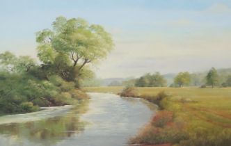 David Woods, 'Summer on The Otter', oil on canvas, labelled verso, 75x50cm, framed