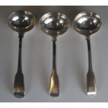 Three George III silver Fiddle pattern sauce ladles, various makers and dates, initialled, 178gms,