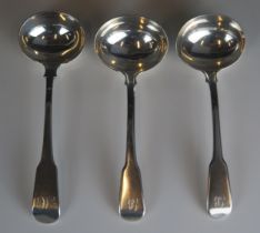 Three George III silver Fiddle pattern sauce ladles, various makers and dates, initialled, 178gms,