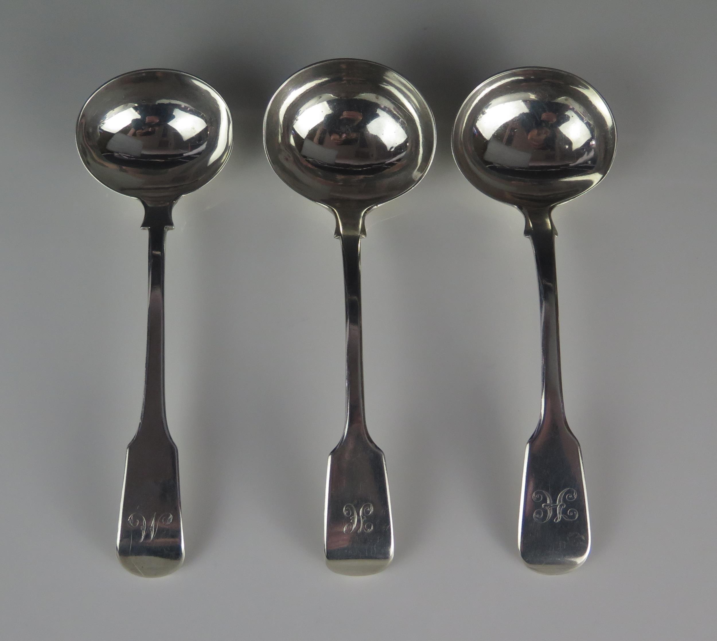 Three assorted silver sauce ladles, various makers and dates, all initialled, 179gms, 5.77ozs