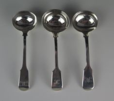 Three assorted silver sauce ladles, various makers and dates, all initialled, 179gms, 5.77ozs